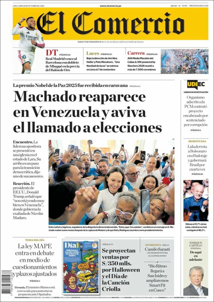 Portada de El Comercio (Per&uacute;)