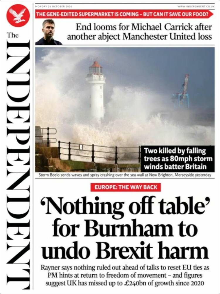 Portada de The Independent (Reino Unido)