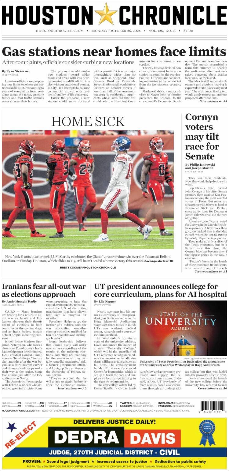 Portada de Houston Chronicle (USA)
