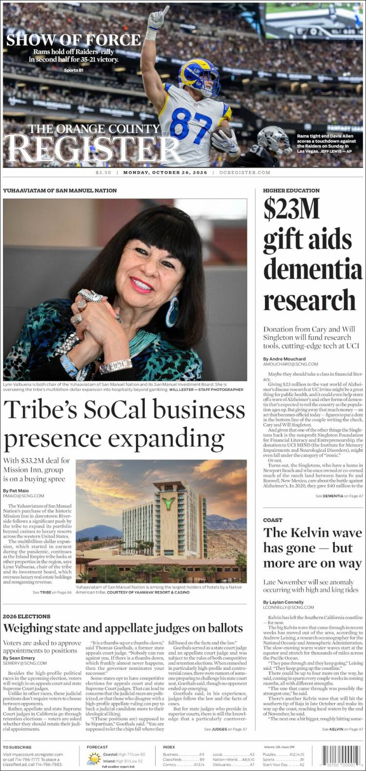 Portada de The Orange County Register (USA)
