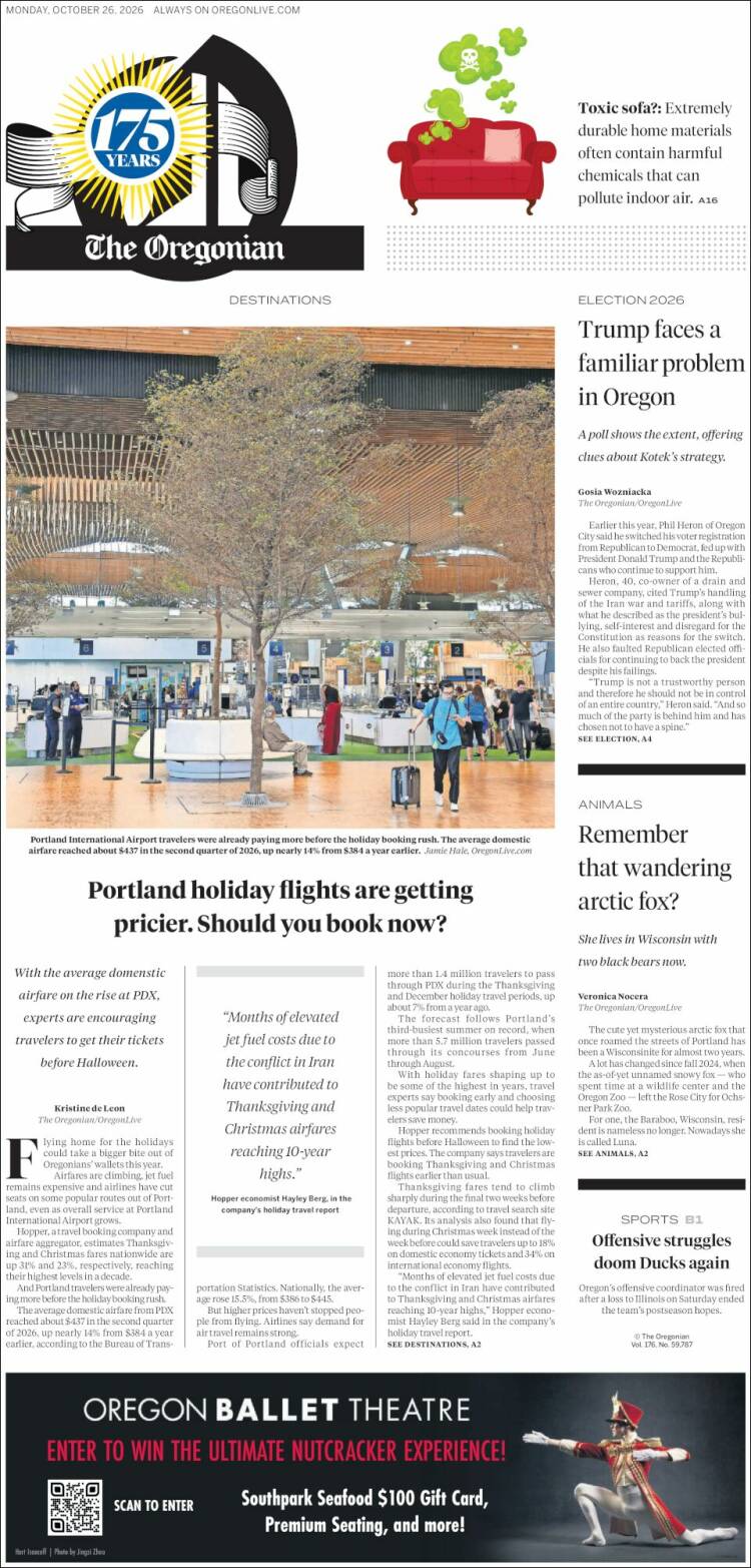Portada de The Oregonian (USA)