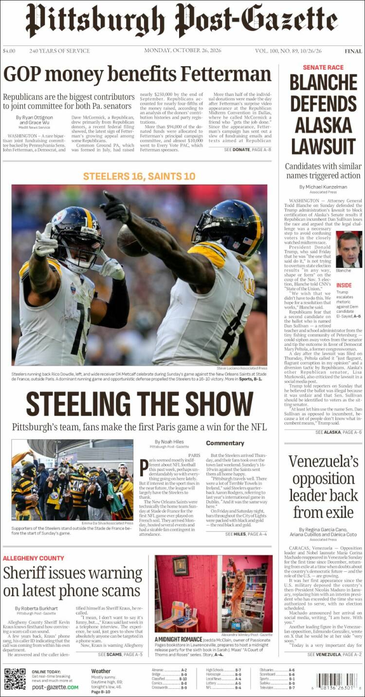 Portada de Pittsburgh Post-Gazette (USA)