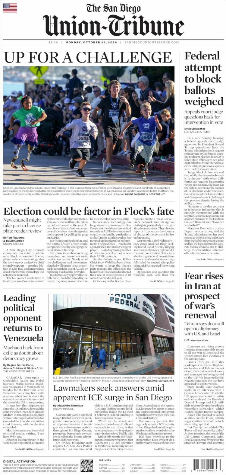 Portada de The San Diego Union-Tribune (USA)