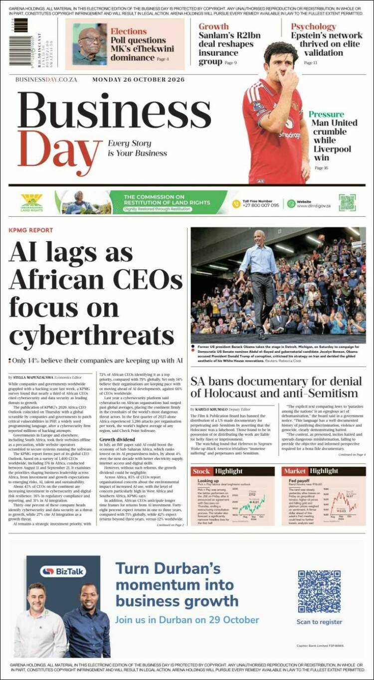 Portada de Business Day (Sud&aacute;frica)