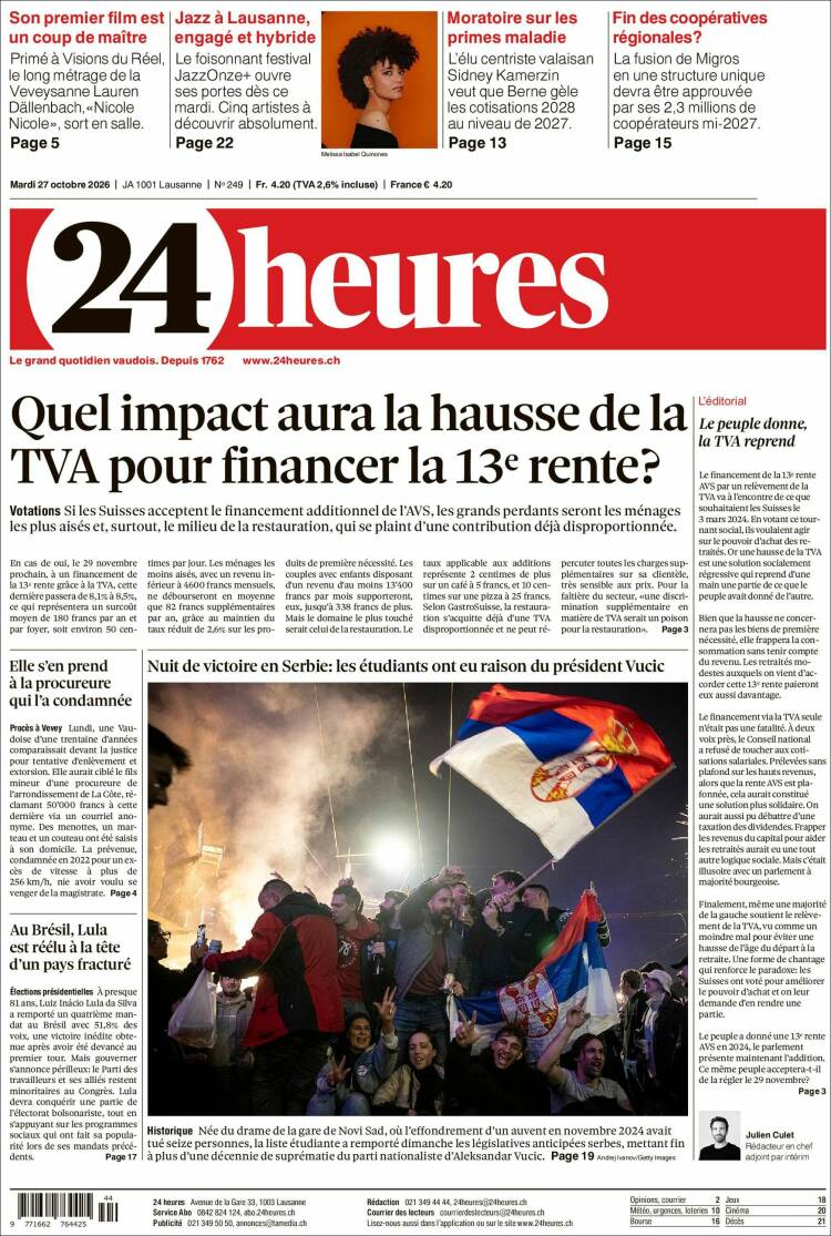Portada de 24 Heures (Switzerland)