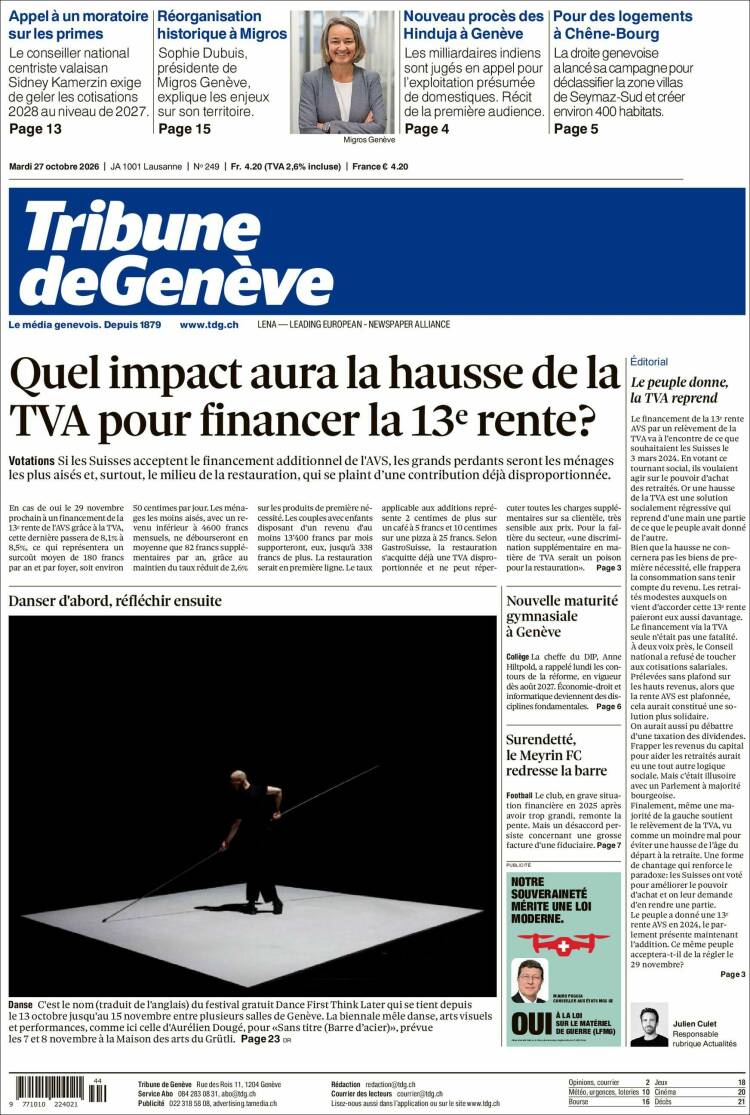 Portada de La Tribune de Genève (Switzerland)