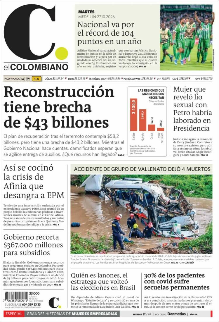 Portada de El Colombiano (Colombia)