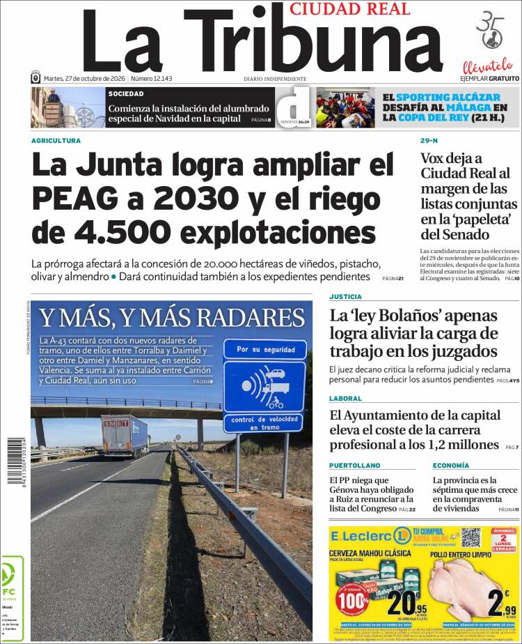 Portada de La Tribuna de Ciudad Real (Espa&ntilde;a)