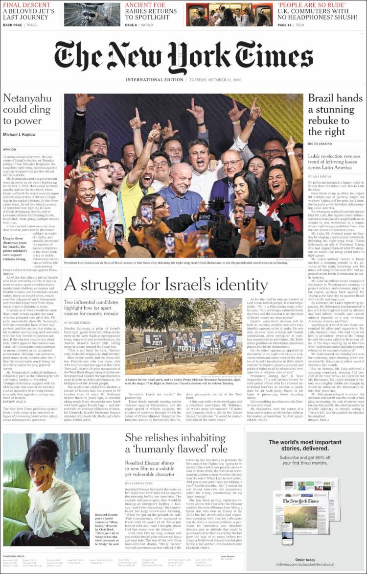 Portada de International New York Times (Europa)