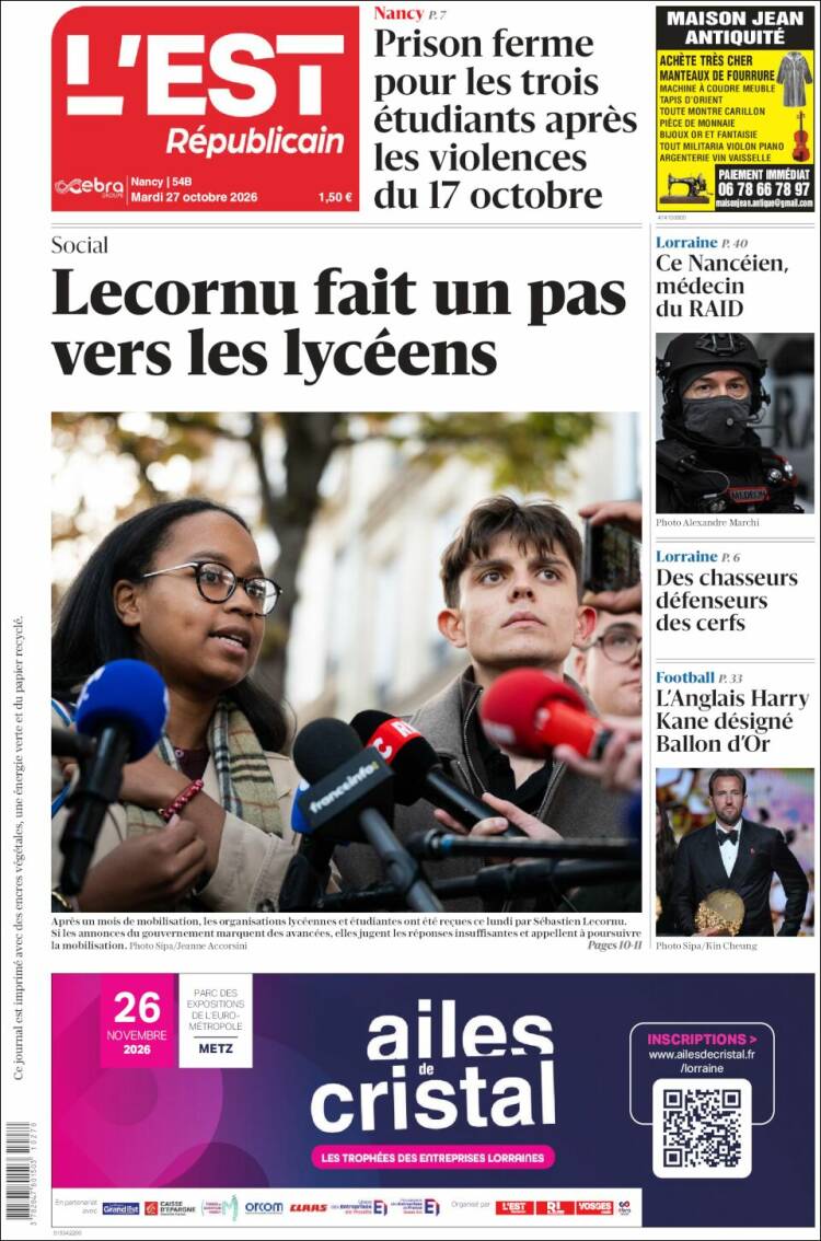 Portada de L'Est Republicain (Francia)