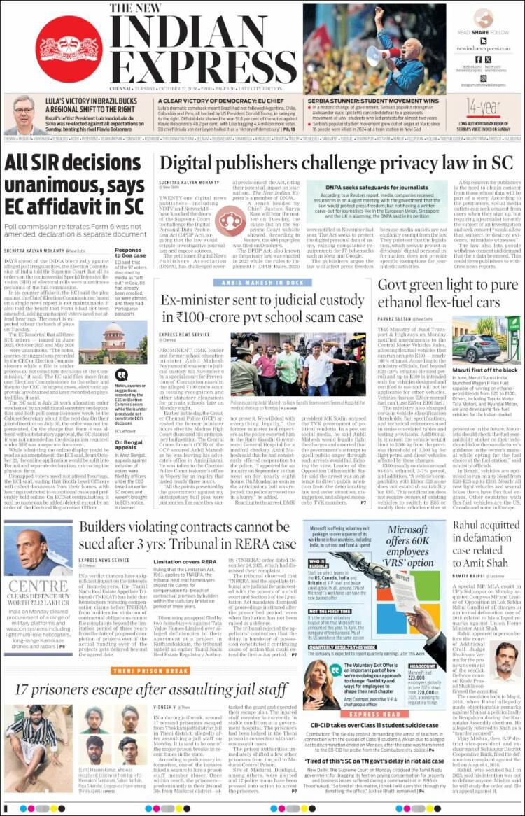 Portada de New Indian Express (India)