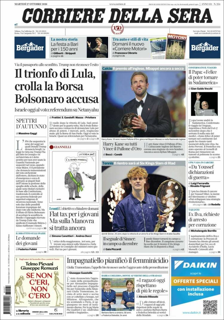 Portada de Corriere della Sera (Italy)