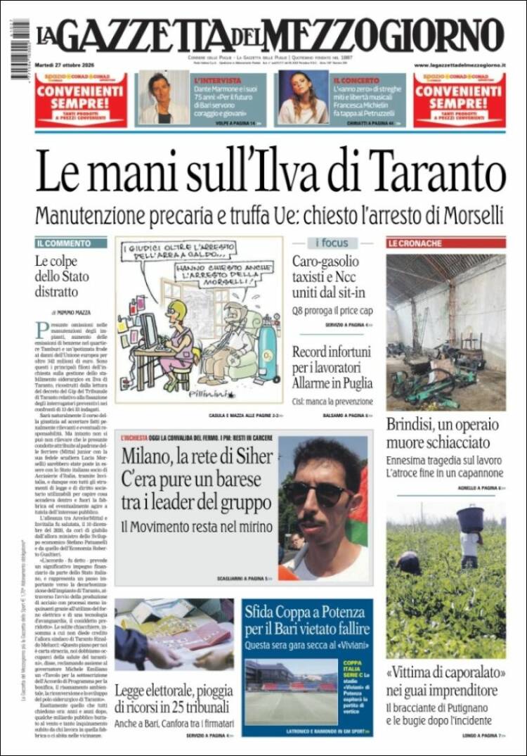 Portada de La Gazzetta del Mezzogiorno (Italia)