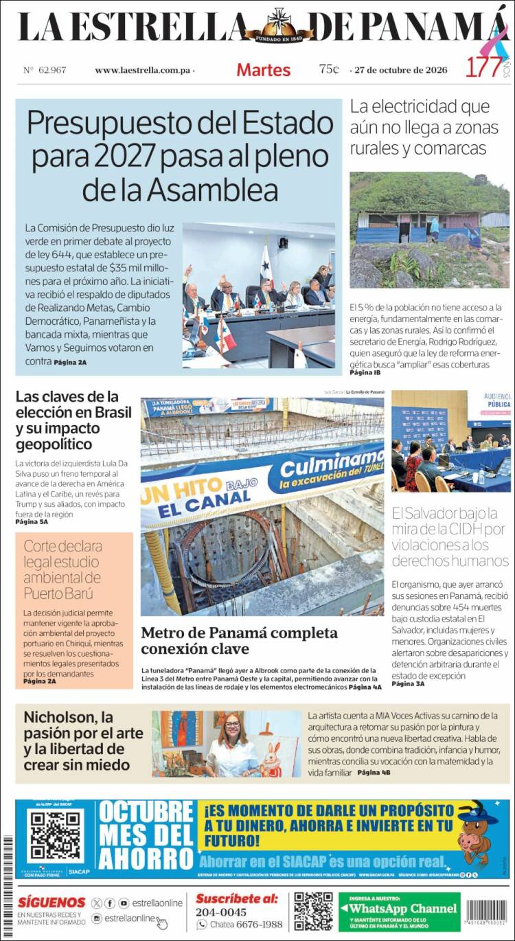 Portada de La Estrella de Panamá (Panama)
