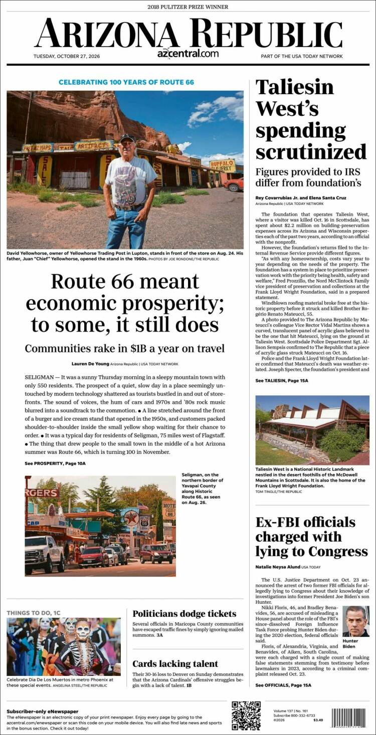 Portada de Arizona Republic News (USA)