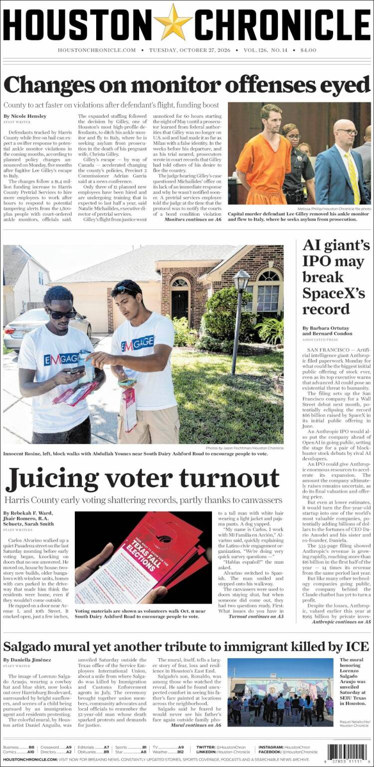 Portada de Houston Chronicle (USA)