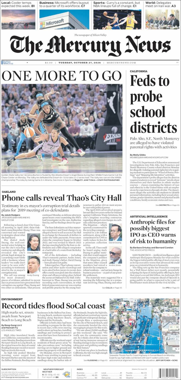 Portada de San Jose Mercury News (USA)