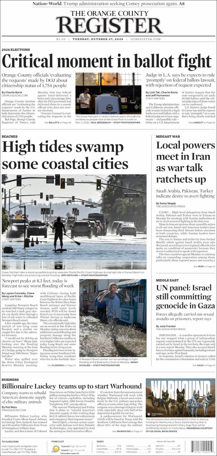 Portada de The Orange County Register (USA)