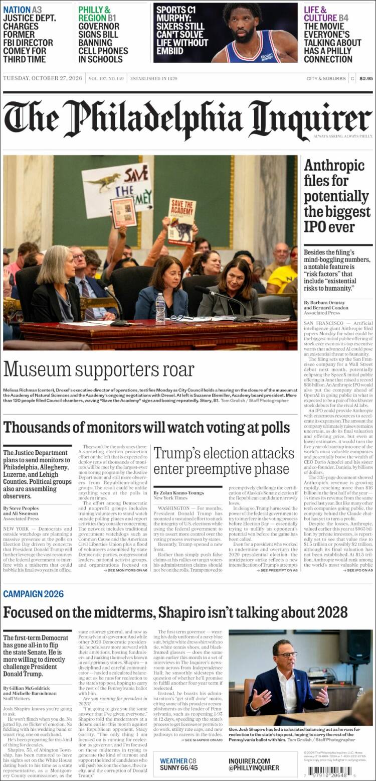 Portada de Philadelphia Inquirer (USA)