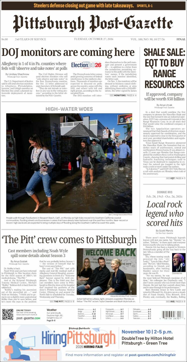Portada de Pittsburgh Post-Gazette (USA)