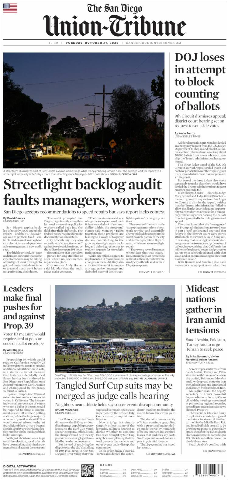 Portada de The San Diego Union-Tribune (USA)