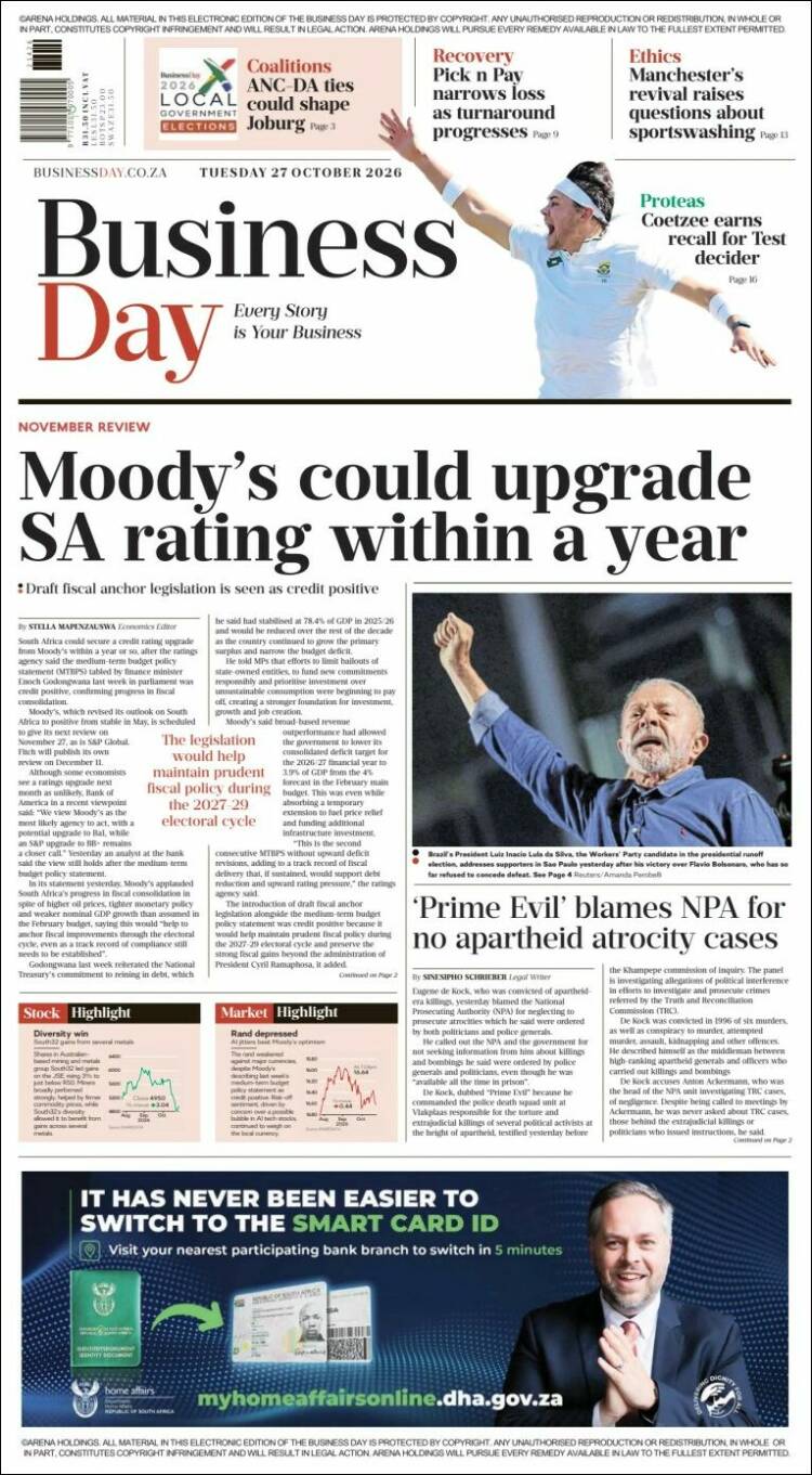 Portada de Business Day (Sud&aacute;frica)