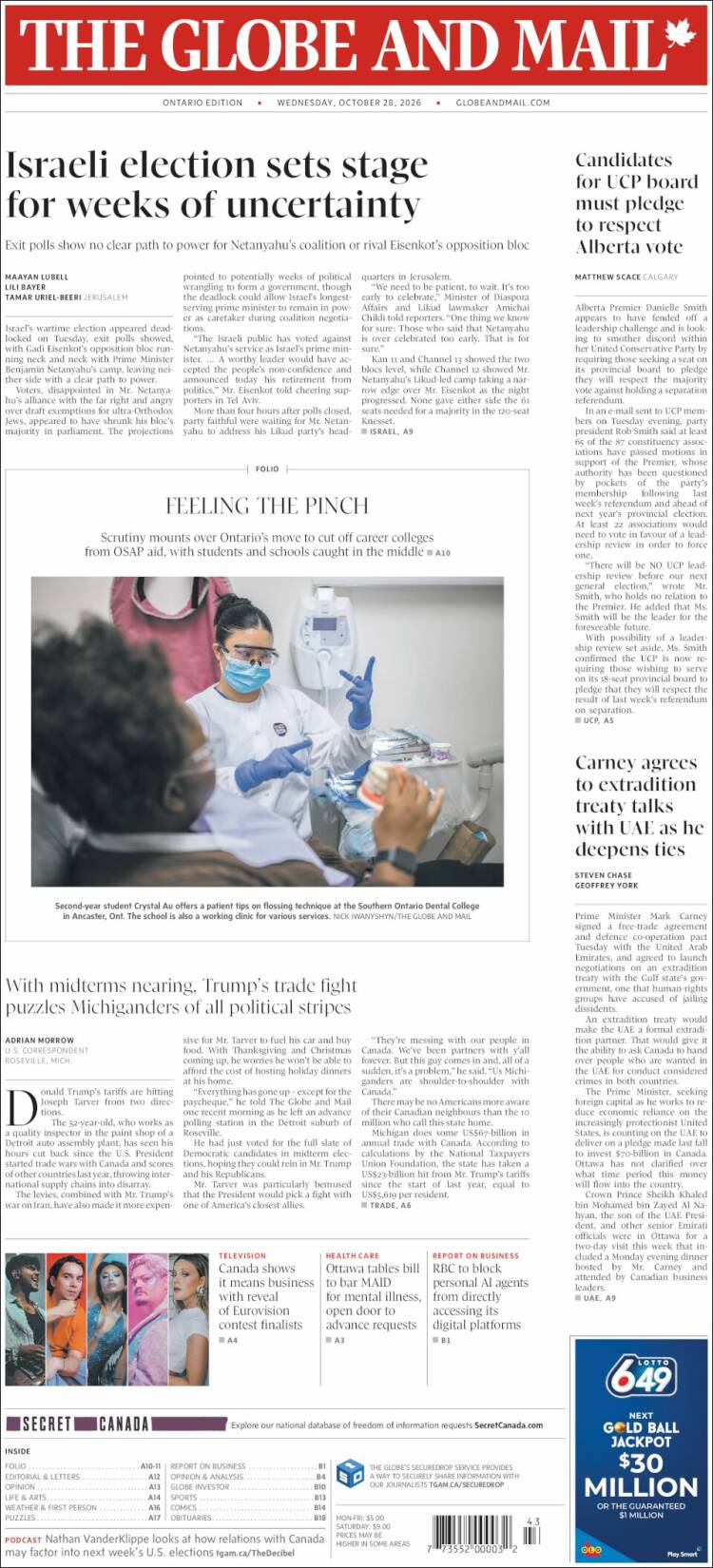 Portada de The Globe and Mail (Canad&aacute;)