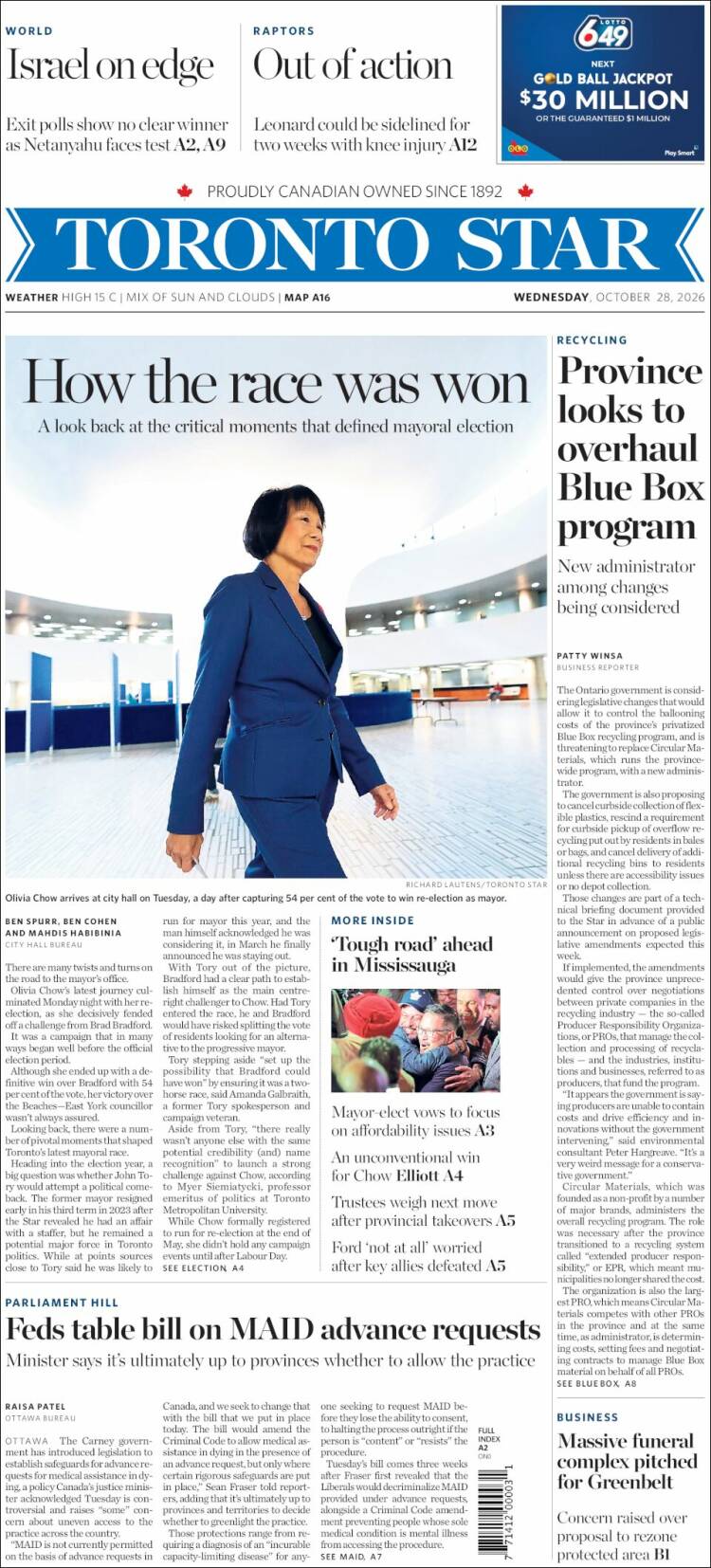 Portada de The Toronto Star (Canad&aacute;)