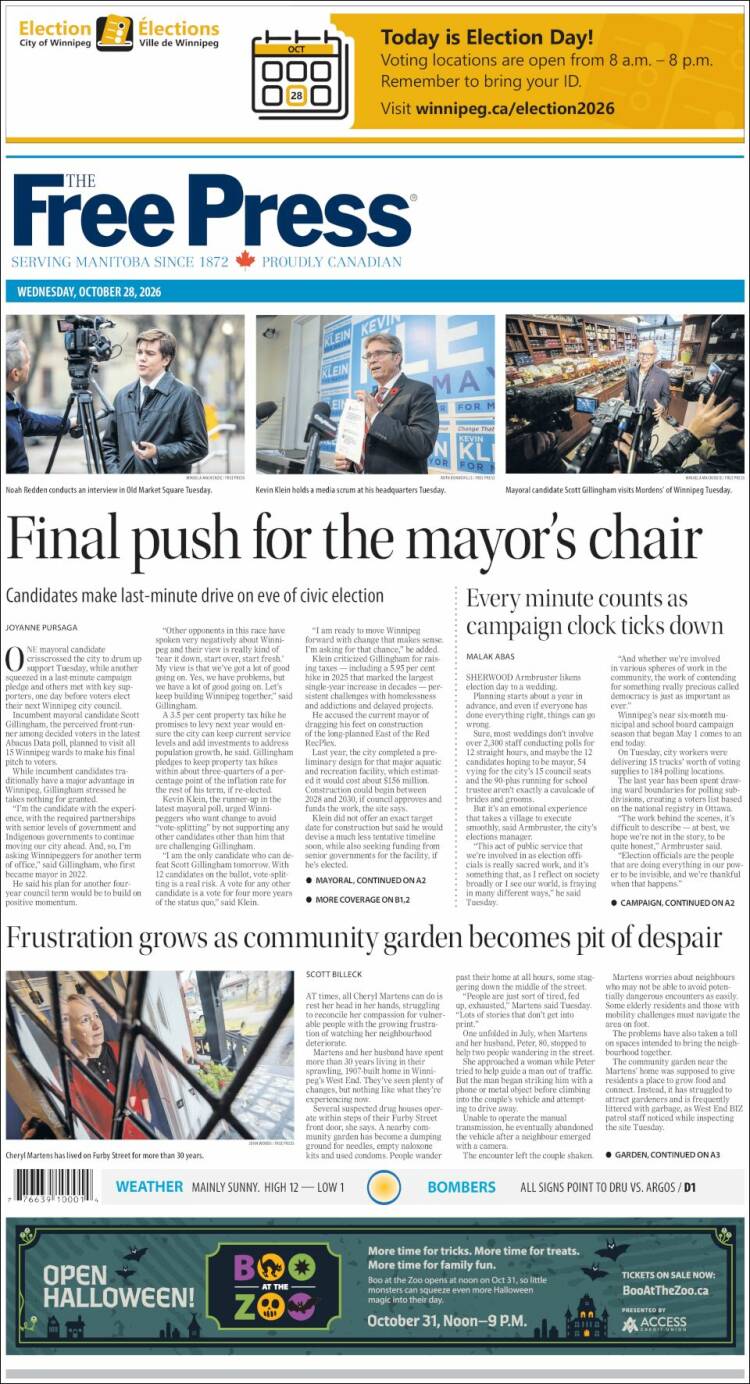 Portada de Winnipeg Free Press (Canada)
