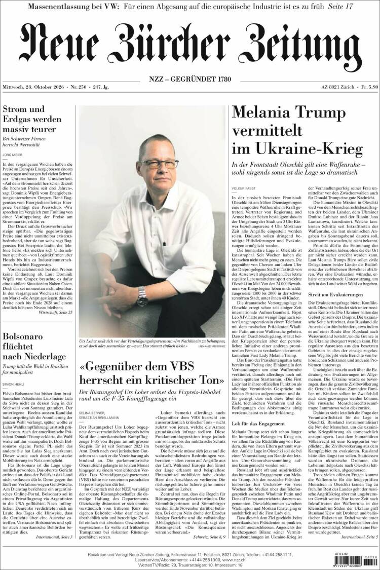 Portada de Neue Zürcher Zeitung (Switzerland)