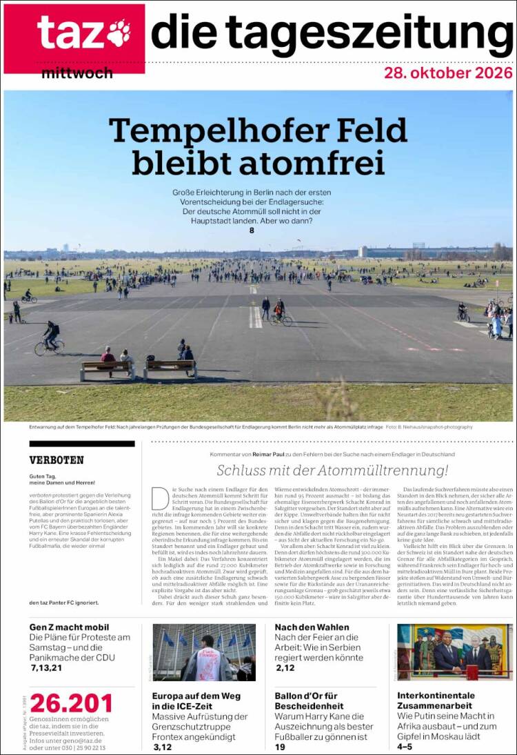 Portada de Die Tageszeitung (Germany)
