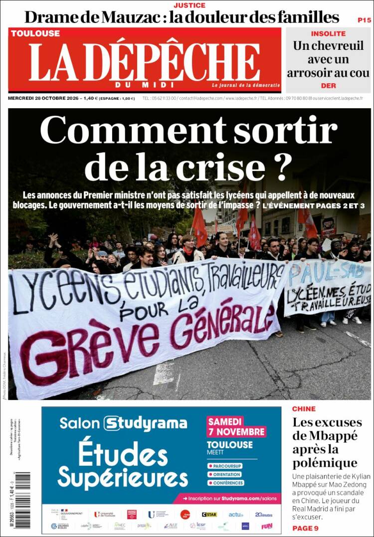 Portada de La Dépêche du Midi (Francia)