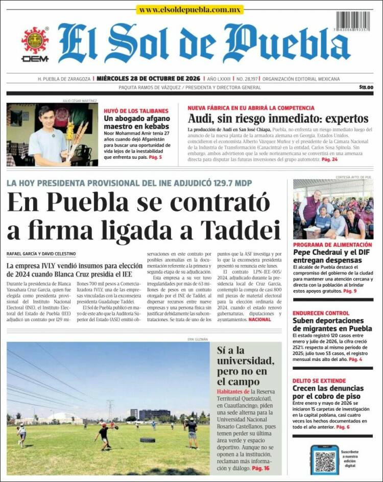 Portada de El Sol de Puebla (M&eacute;xico)