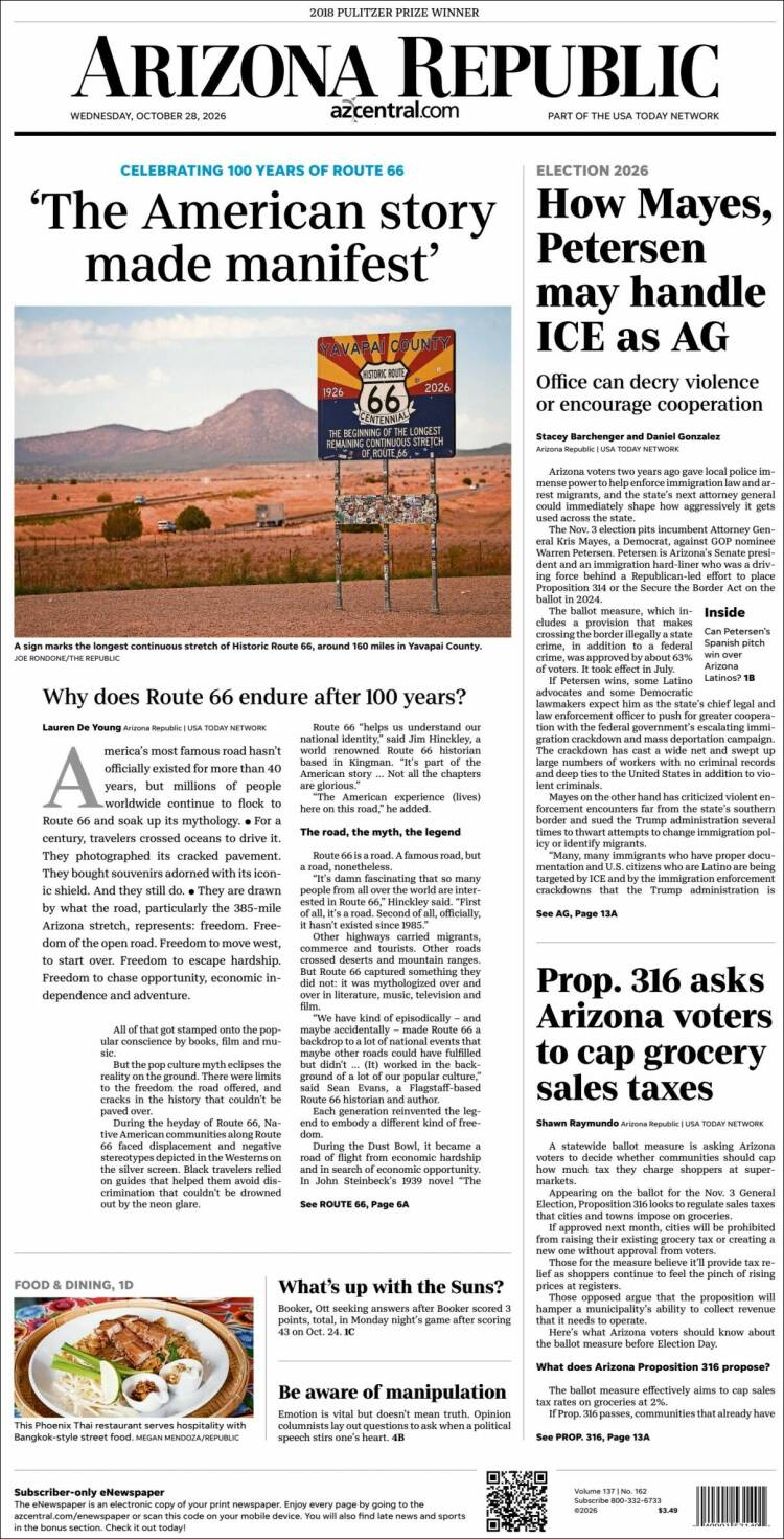 Portada de Arizona Republic News (USA)