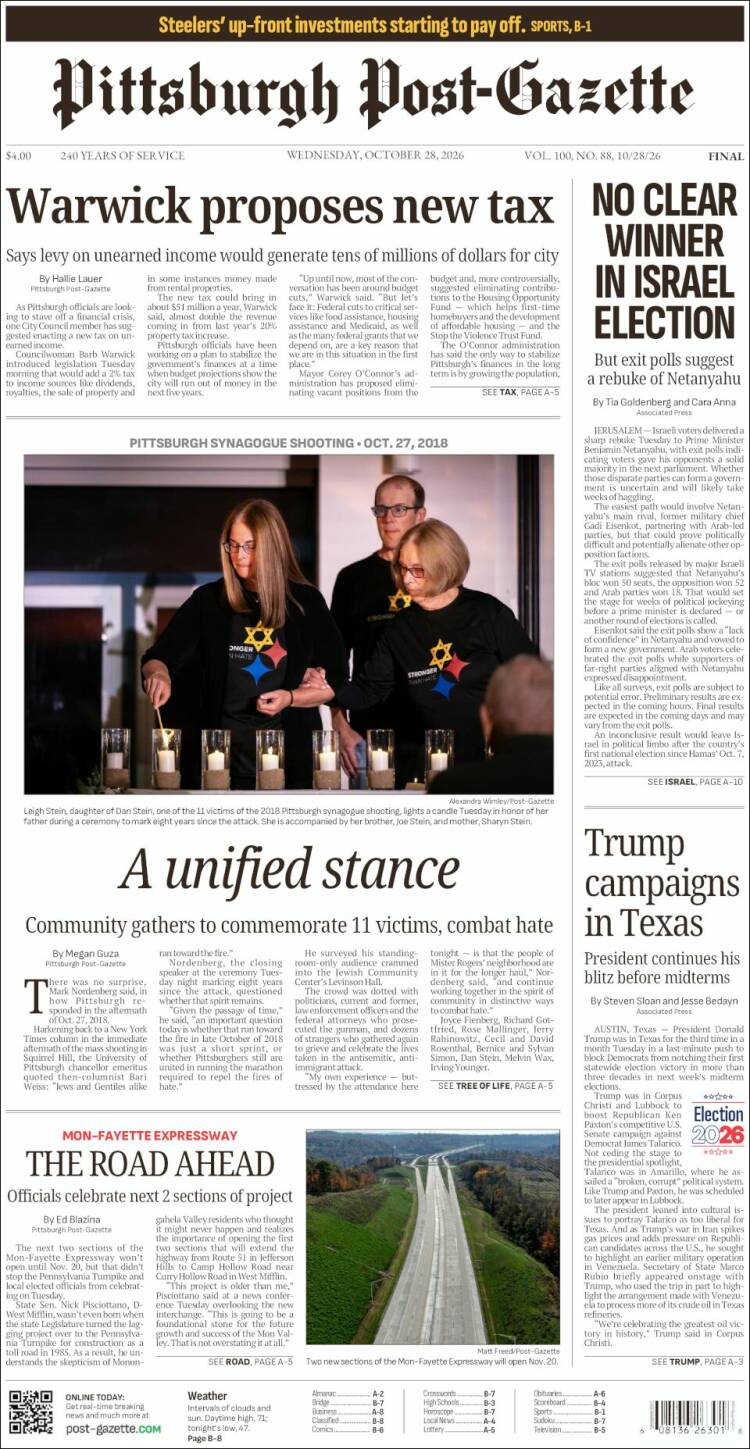 Portada de Pittsburgh Post-Gazette (USA)