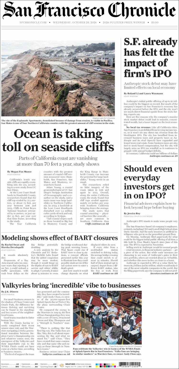 Portada de San Francisco Chronicle (USA)