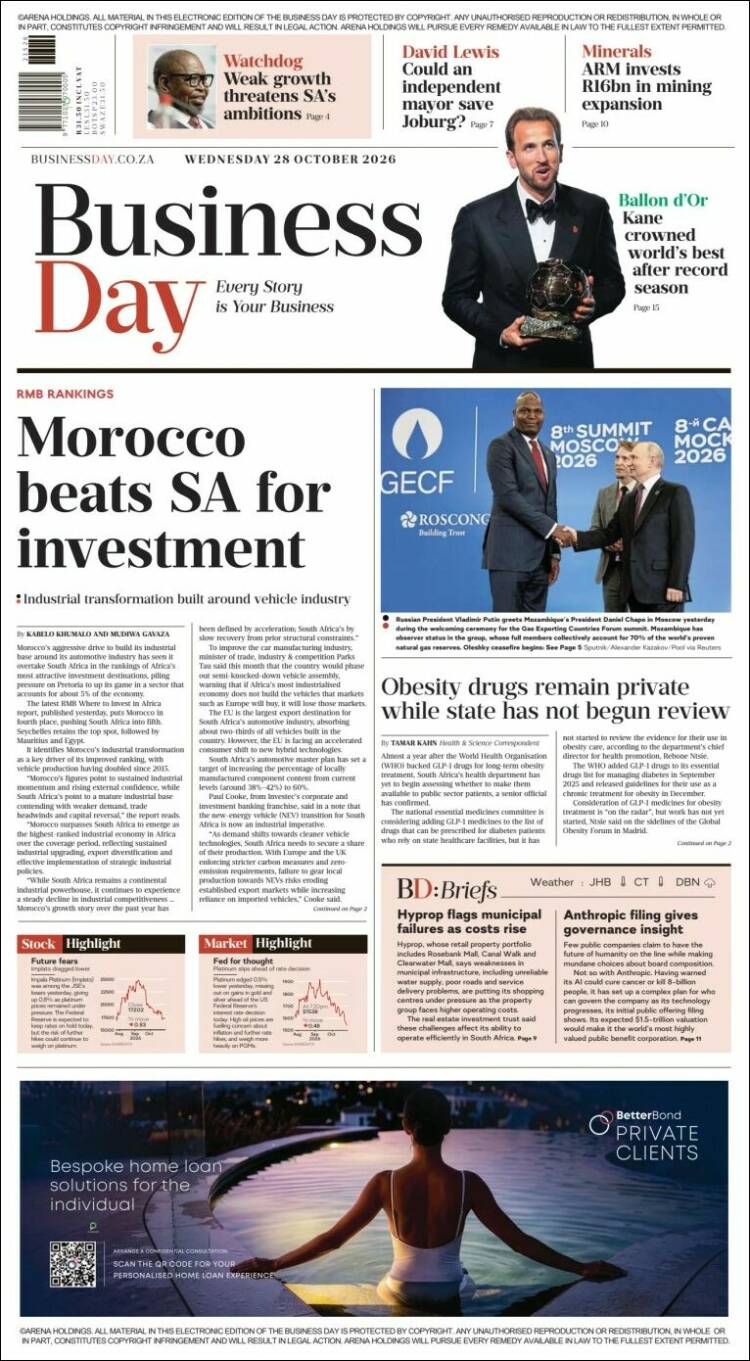 Portada de Business Day (South Africa)