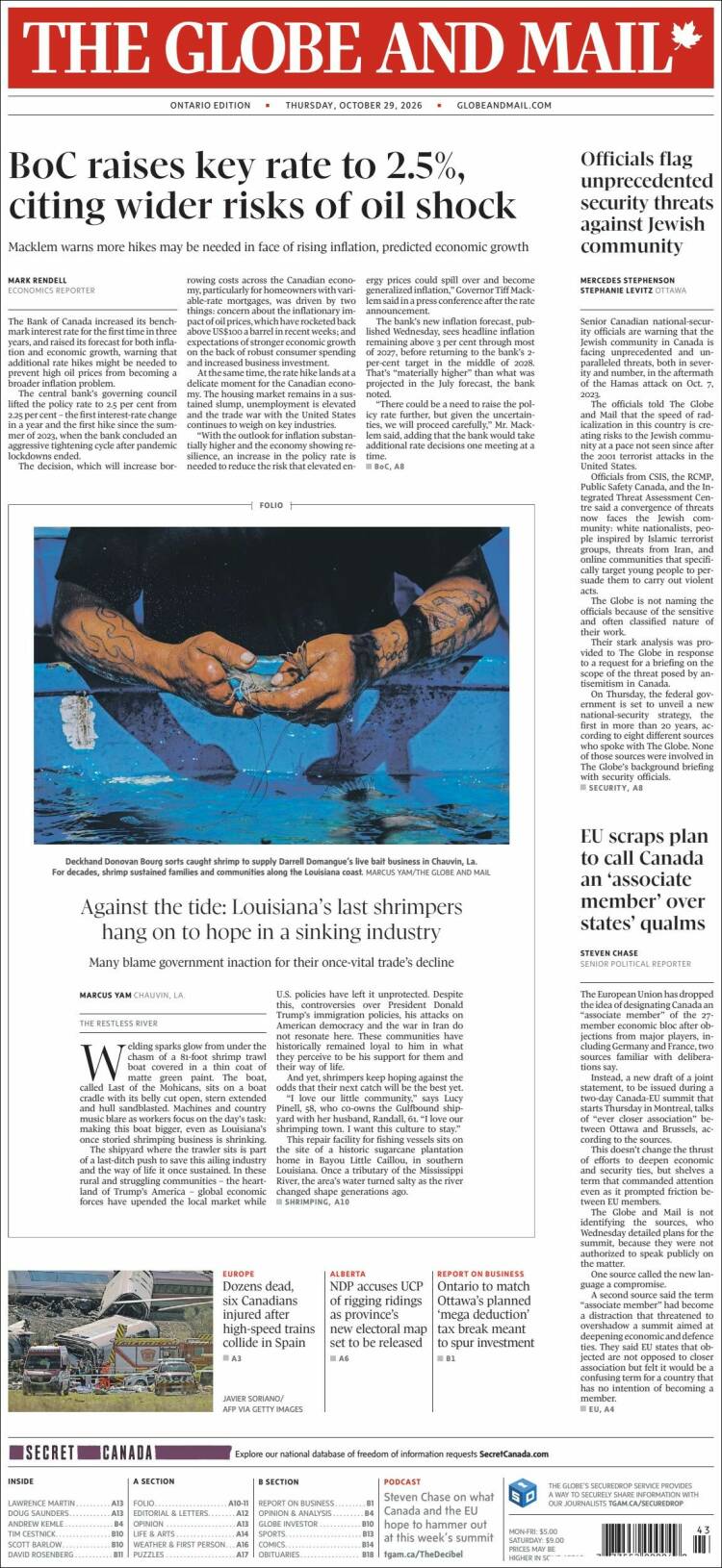 Portada de The Globe and Mail (Canada)