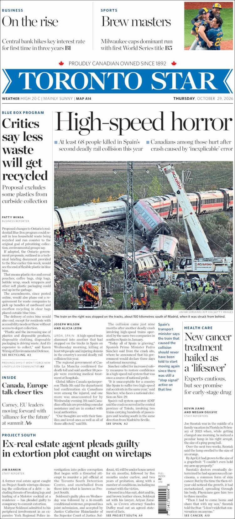 Portada de The Toronto Star (Canad&aacute;)