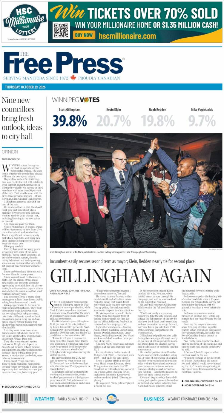 Portada de Winnipeg Free Press (Canad&aacute;)