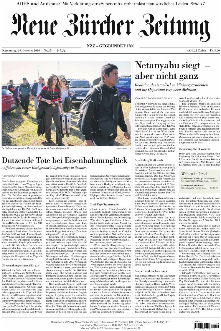 Portada de Neue Zürcher Zeitung (Suiza)