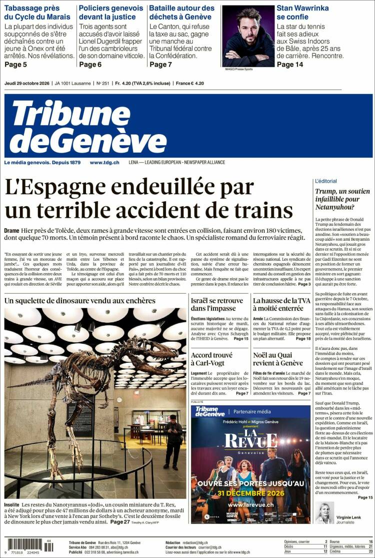 Portada de La Tribune de Genève (Suiza)