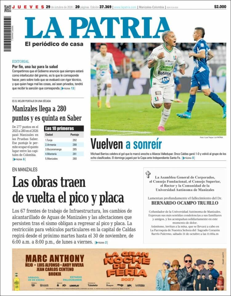 Portada de La Patria (Colombia)