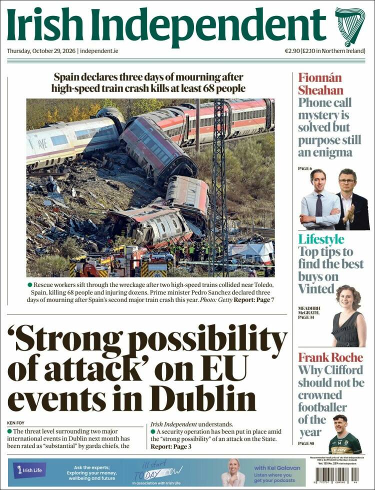 Portada de Irish Independent (Irlanda)