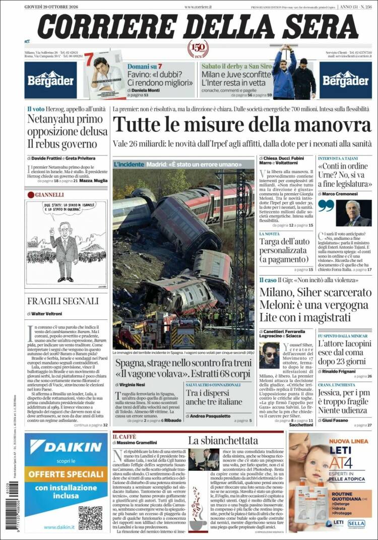 Portada de Corriere della Sera (Italia)