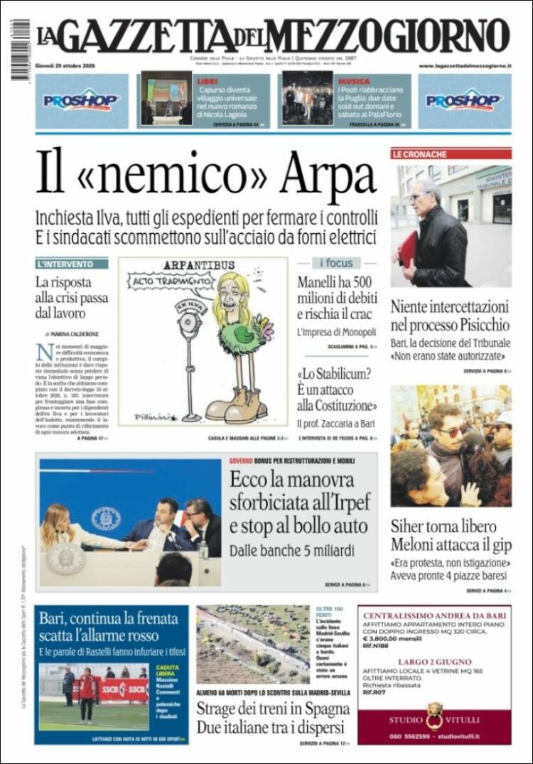 Portada de La Gazzetta del Mezzogiorno (Italia)