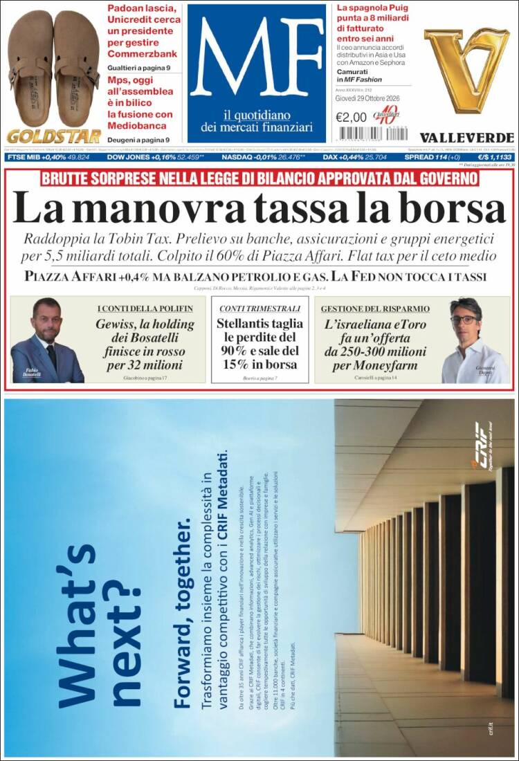 Portada de Milano Finanza (Italia)