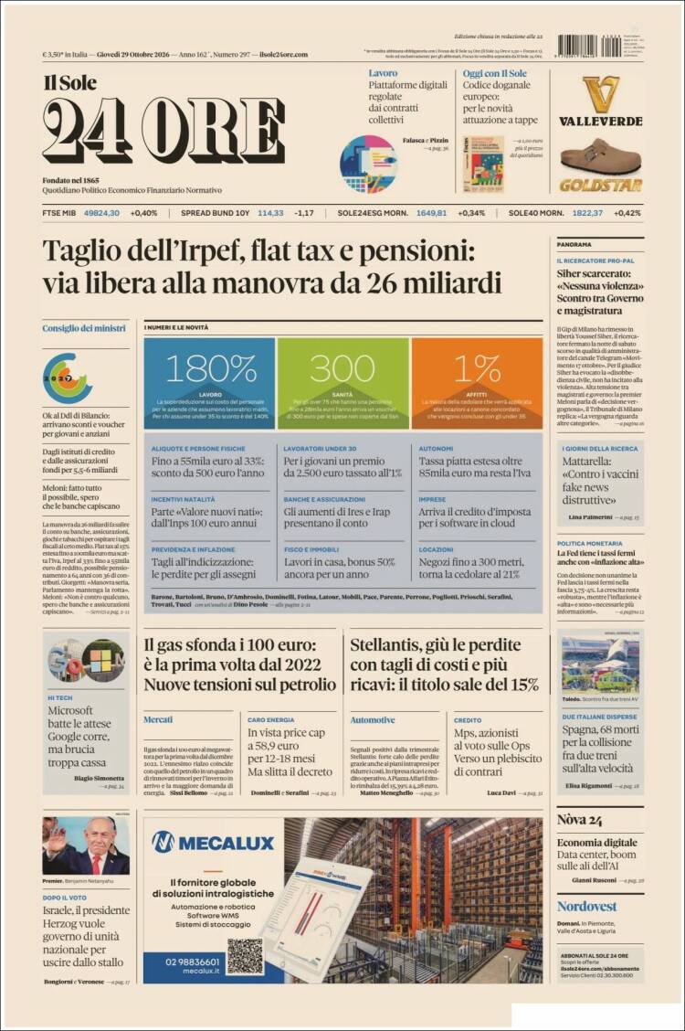 Portada de Il Sole 24 ORE (Italia)