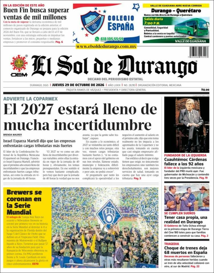 Portada de El Sol de Durango (M&eacute;xico)