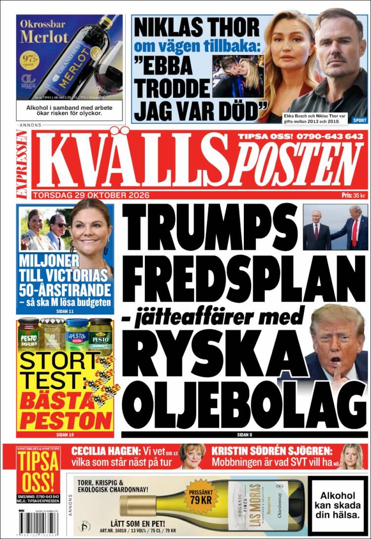 Portada de Kvällsposten (Suecia)